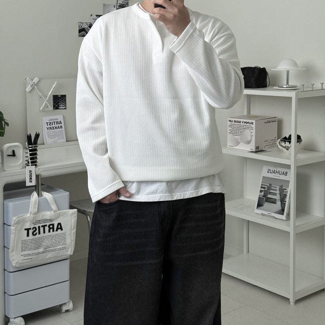 르위 남성용 골지 헨리넥 니트 긴팔티셔츠 빅사이즈