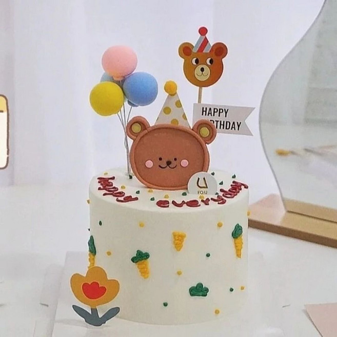 FOU 可愛小熊生日快樂蛋糕裝飾插卡組合, 八球無底馬卡龍彩色, 1個