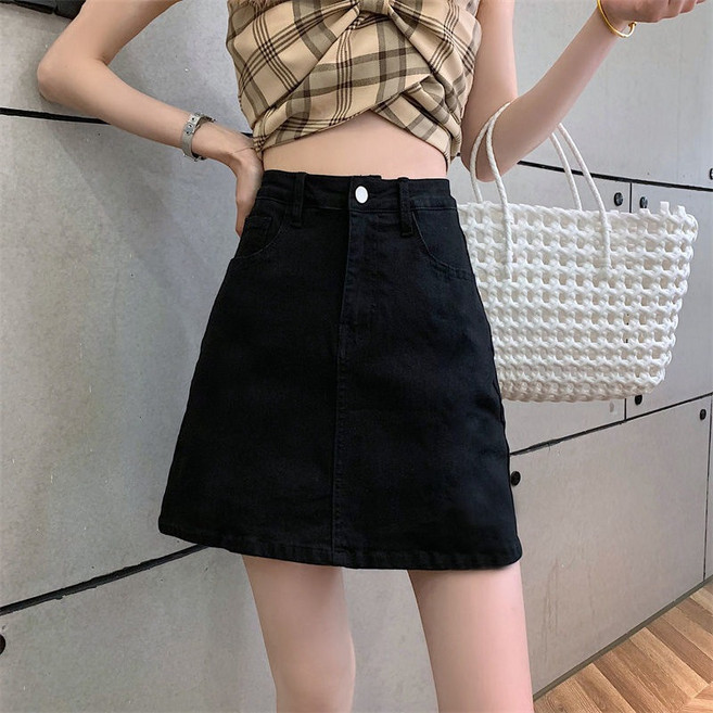 高腰牛仔短裙 包臀款式 A字裙 韓版設計 顯瘦修身 夏季女裝 百搭半身裙 小個子適用+黑色+S