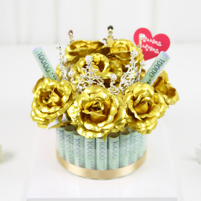 티아라 LED 비누꽃 용돈케이크, 1개, 1단-골드