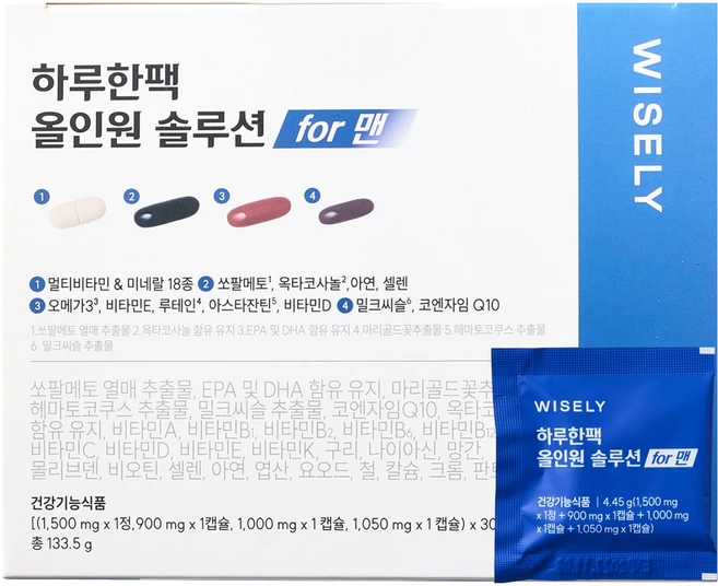 와이즐리 하루한팩 올인원 쏘팔메토 밀크씨슬 오메가3 멀티비타민 포맨, 1개, 30회분 - 쿠팡