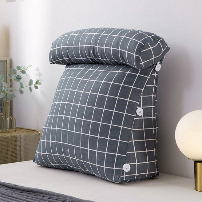 沙發靠墊抱枕護腰牀頭靠墊軟包牀上靠枕大靠背墊辦公室腰靠背護頸, 加厚帆布-灰格,大號：寬59.9x高50x厚20cm 舒