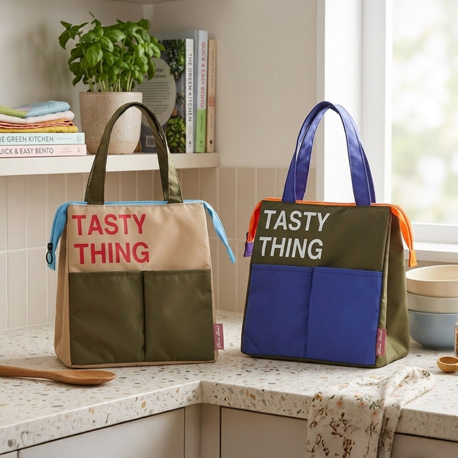 토트 배색 런치 직장인 도시락 보온보냉 쿨러백, 컬러:카키, 1개
