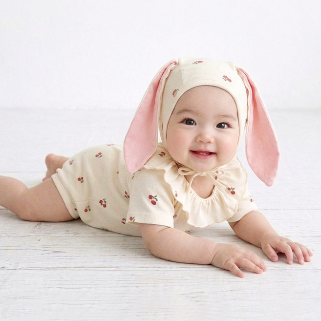 에뜨람 순면 아기 토끼 바디수트 모자 세트 보넷모자 프릴 우주복 실내복 신생아 백일 여아 kc인증