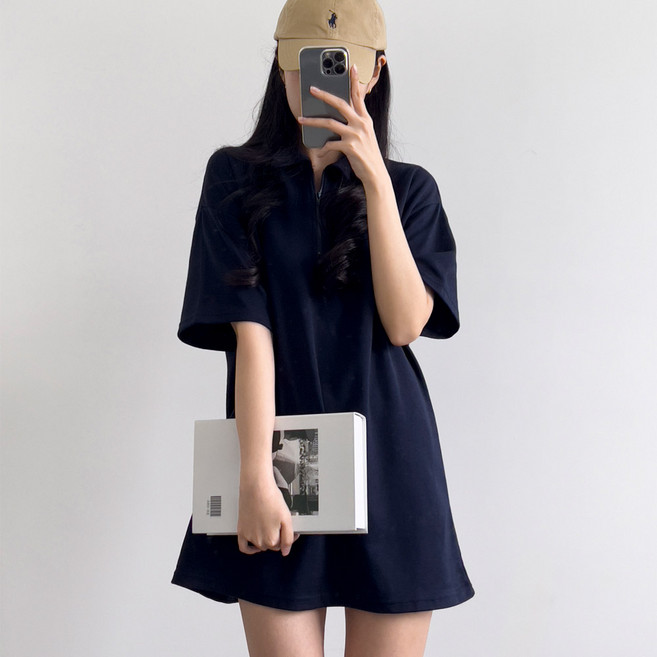 크림도우 반집업 카라 반팔 미니 원피스