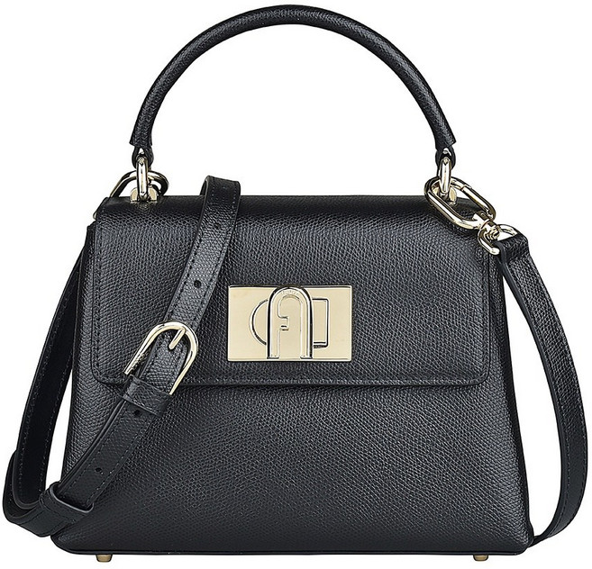 FURLA 1927 金字LOGO 防刮牛皮 旋鈕式 手提斜背包, 黑