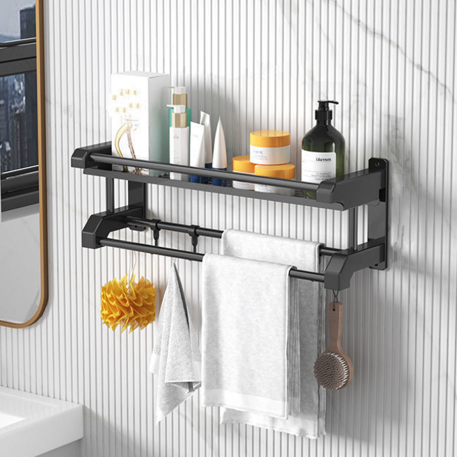 다루미 무타공 다용도 욕실 화장실 선반 욕실젠다이 수건걸이, 블랙1단, 1개
