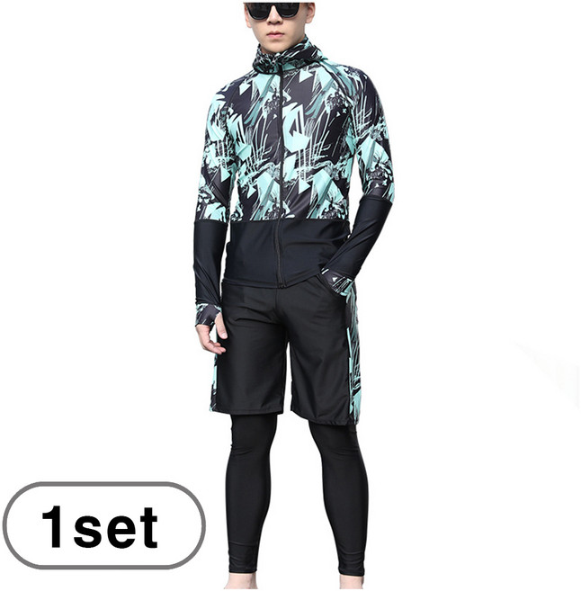 차쿠 남성 여성 여름 커플 래쉬가드 휴가 물놀이 워터파크 수영복 중년 아빠 엄마 온천 휴양지 체형 보정 빅사이즈, 스카이(남)