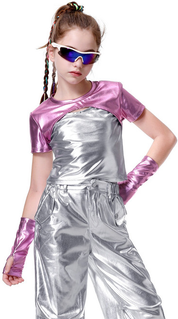 LOlanta 여아용 힙합 메탈릭 댄스복 세트 주니어 반팔 크롭탑 캐주얼 블링블링한 카고 바지 방송댄스 상하복