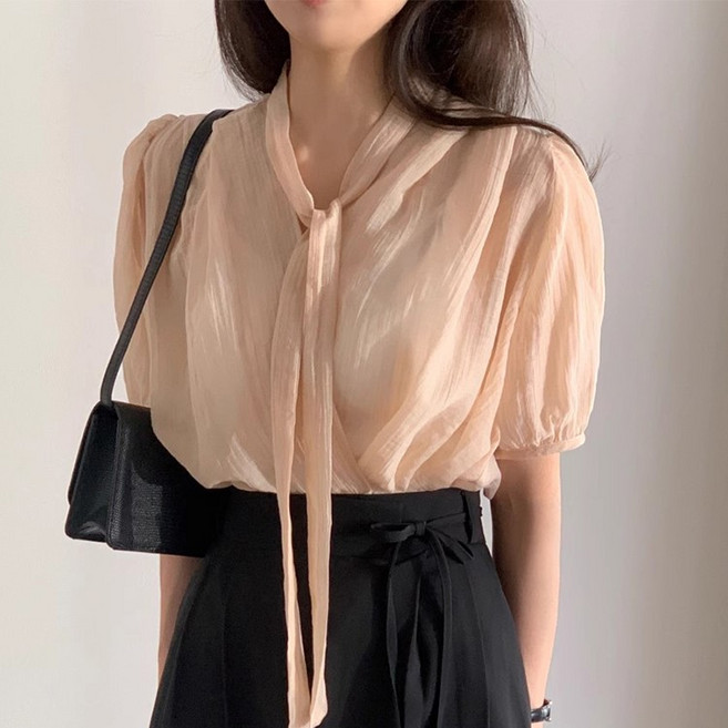 레티고 청담룩 크로스 브이넥 쉬폰 타이 반팔 블라우스