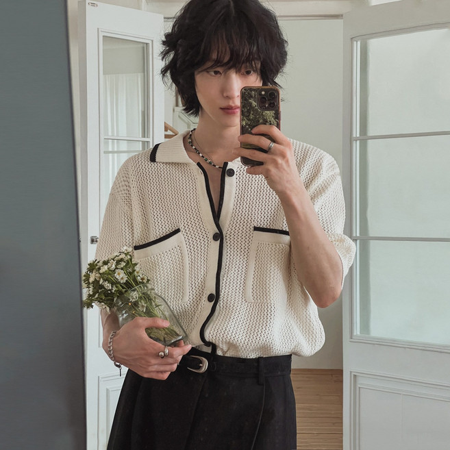 남성 여름 반팔 스웨터 루즈핏 카라 반팔 티셔츠 통근 통기성 니트 가디건