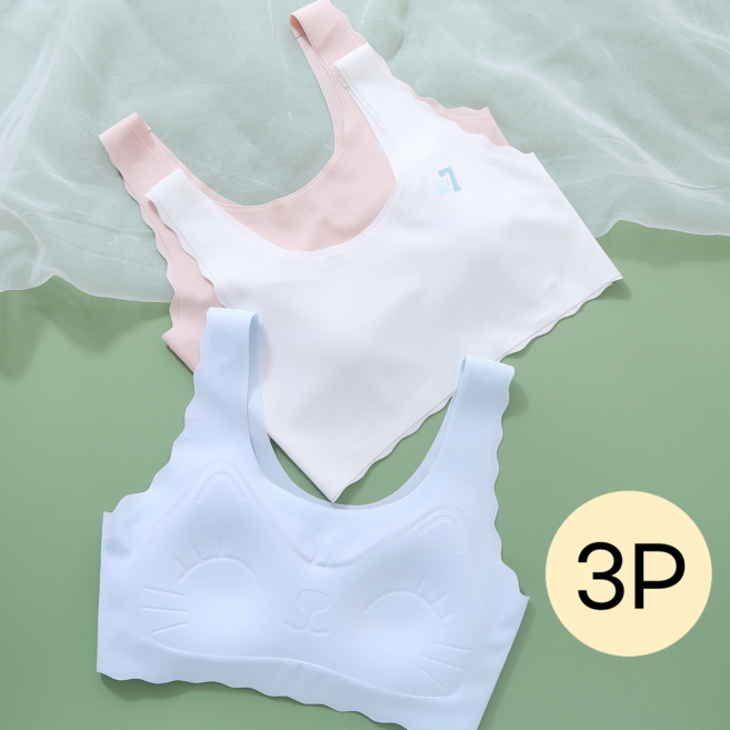 MIZ DAY 귀여운 고양이 일체형캡 주니어브라 3P