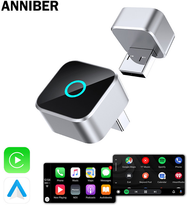 [1년 품질 보증]ANNIBER 초미니 무선 애플 카플레이 안드로이드 오토 2in1 스마트 차량용 무선 카플레이 미러링 동글, 실버, CP88