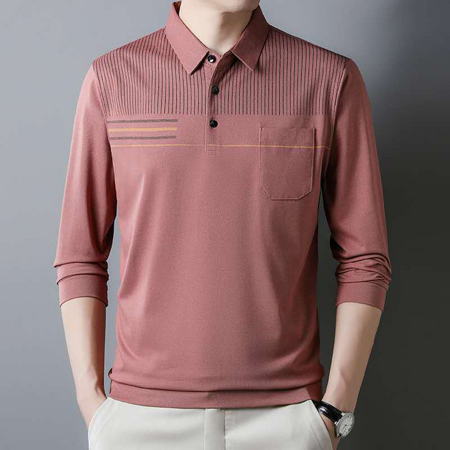 루미빈 남성 봄가을 얇은 카라 포켓 캐주얼 중년 아버지 긴팔 티셔츠