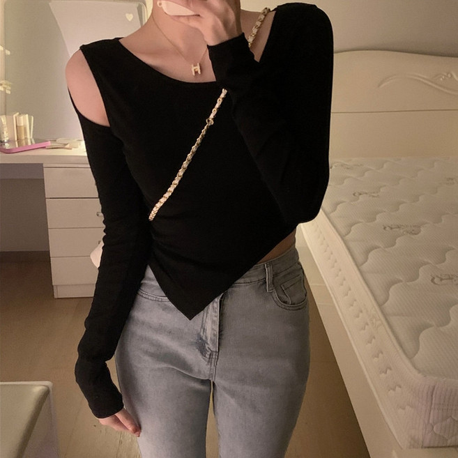 아이엠몽 여성 어깨 트임 포인트 크롭 허리라인 슬림 티셔츠