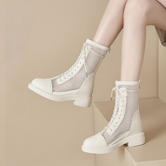 여성 여름 워커 가죽 망사 메쉬 키높 이 7cm 부츠 뒷면 지퍼 발편한 통굽워커