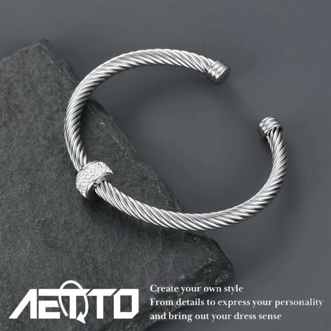 AETTO 鑲鑽螺紋麻花手環 手鐲 開口可調 男女皆宜手鍊