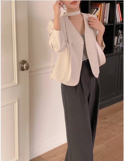 체인지쉬(change she)여성 브이넥 정장핏 벨티드 긴팔 상의 얇은 자켓
