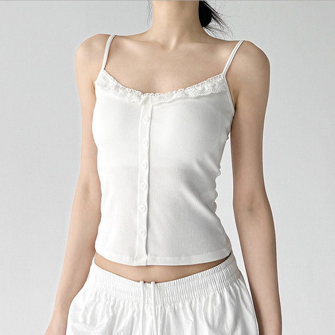 젬버트 여성 레이스 단추 면혼방 슬림핏 캡내장 나시