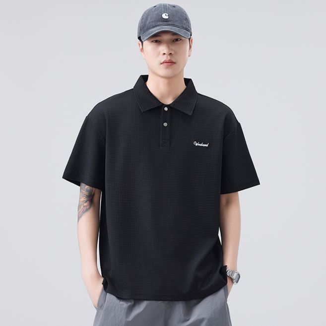 週末 織紋針織短袖POLO衫 寬鬆刺繡翻領上衣