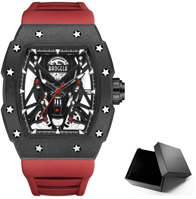 스포티 캐주얼 남성용 시계 스테인리스 스틸 톤노 케이스 홀로우 아웃 다이얼 발광 기능 패션 실리콘 스트, 01 Red-Box