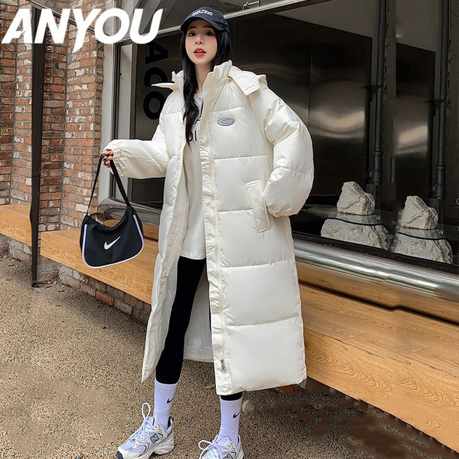 ANYOU 여성 겨울 빅사이즈 롱 패딩 오리털 베이직 보온 후드패딩 코트 패딩