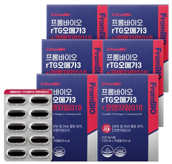 프롬바이오 rTG오메가3+코엔자임Q10 혈행 혈압관리 초임계 항산화, 30정, 6박스