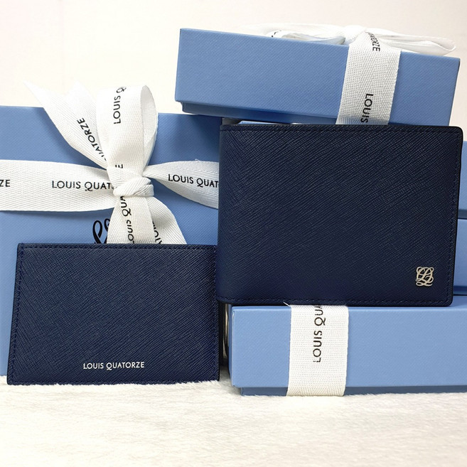 [백화점 정품] 루이까또즈 스티치 포인트 네이비 남성 소가죽 반지갑 카드지갑 세트 (선물포장)