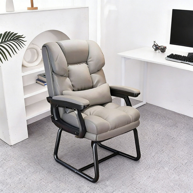 프리미엄 두툼한 컴퓨터 의자 PU 가죽 리클라이너 각도조절 의자 허리 편한 사무용 컴퓨터 의자, 그레이