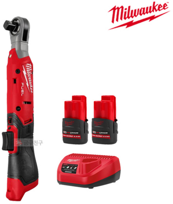 밀워키 M12 FIR12G2-252B 충전 라쳇 12V 2.5Ah 배터리 2팩 13mm (1/2) 엔빌 2세대 모듈형스위치 무선, 1개