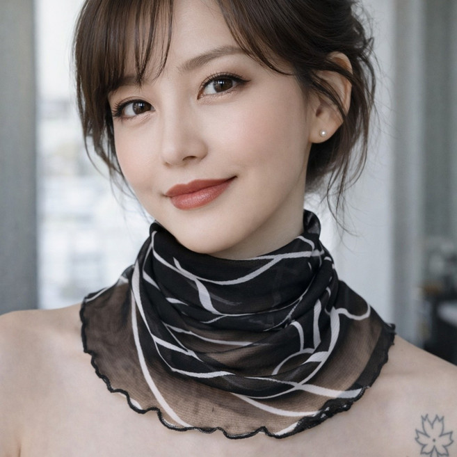 히트앤씨 2228 넥워머 스카프 1+1 여성 쉬폰 사계절용 목가리개 블랙 플라워 중년 50대 자외선차단 냉방용 사계절