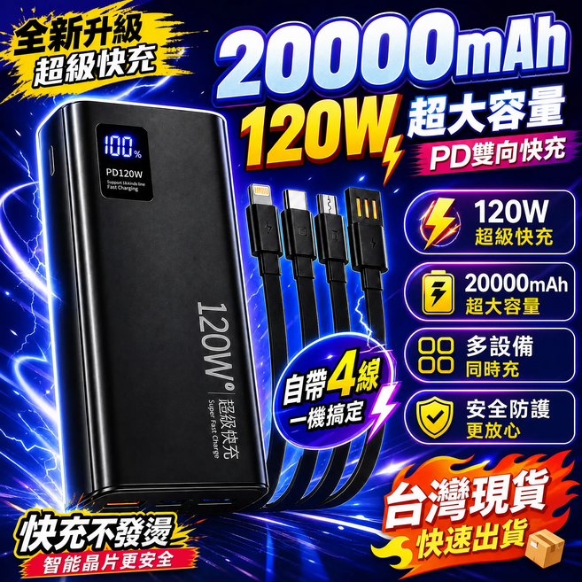 120w快充行動電源 CCC行充 20000mah行動電源 自帶4線行充 數顯行動電源 大容量行動電源, 2萬毫安+紳士黑, 120W快充【Wh+3C標識+智能數顯+自帶四線】