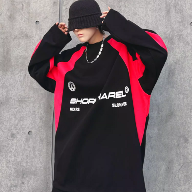 Skyciky 남성 복고풍 힙합 하키 유니폼 맨투맨 봄가을 블랙 레드 배색 상의 JJ1205