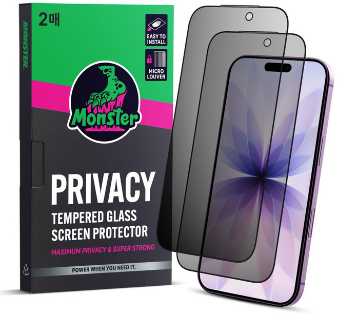 몬스터 사생활보호 슈퍼강력 강화유리 휴대폰 액정보호필름 2매 + 똥손탈출 부착틀, 1세트