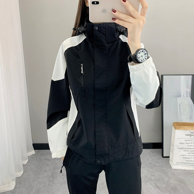 NLS 衝鋒衣外套 防風防水透氣登山釣魚保暖休閒外套, 女裝黑白(單層),L