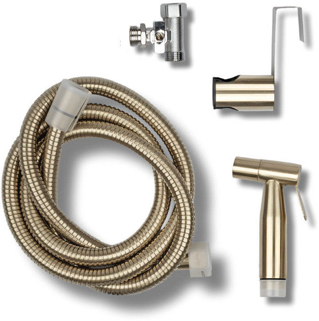 올리비아 SUS 욕실 고압 청소건+1.5M 메탈호스+무타공 행거+T밸브 풀세트 골드 자동분사 기능 포함, 1개