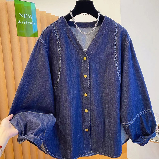 Neirny 여성 빅사이즈 데님 셔츠 봄가을 간절기 긴팔 빈티지 오버핏 데님 코트 루즈핏 캐주얼 고급 청남방 셔츠 코트