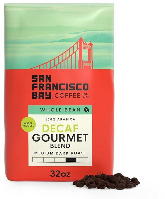 SAN FRANCISCO BAY 디카페인 홀빈 커피 2파운드 미디엄 로스트 스위스 워터 프로세스 1개 팩 32온스 디카페인 고메 블렌드 WB, DECAF Gourmet Blend