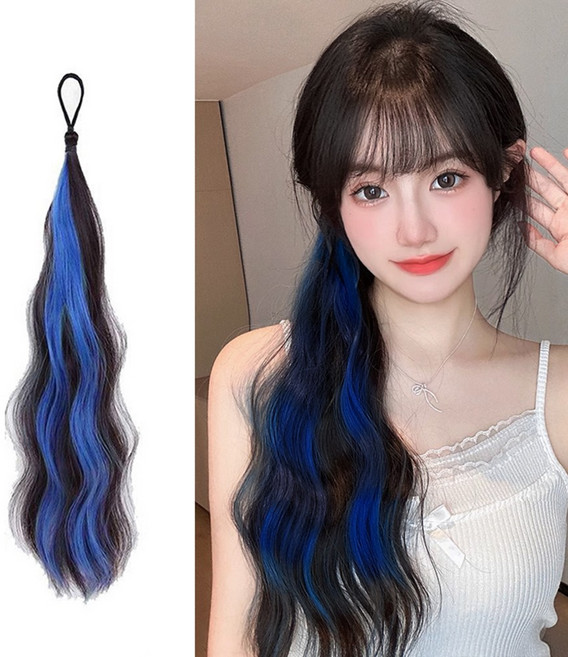 MIZUCOS 컬러 헤어 웨이브 긴머리 브릿지 포니테일 부분 가발 머리끈, 블루, 1개