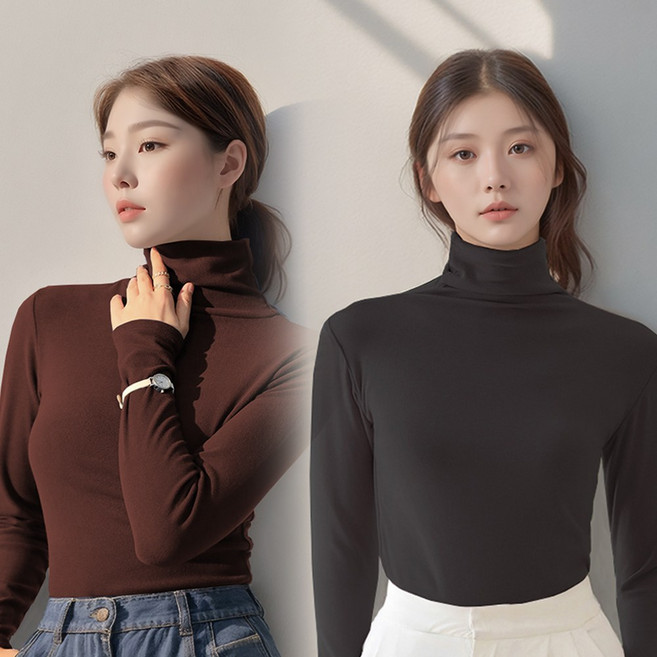 어머머스 슬림핏 터틀넥 얇은 기모 폴라티 2종 세트