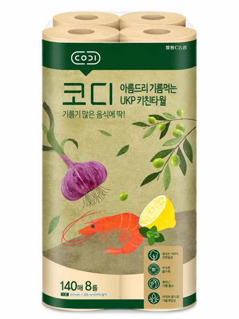 코디 아름드리 기름먹는 키친타올 140매, 8롤, 1개
