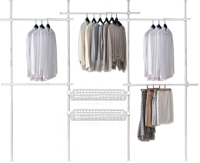 棒棒家居 頂天立地衣架 25mm 4豎5橫 網籃x2 附撐衣桿, 白色