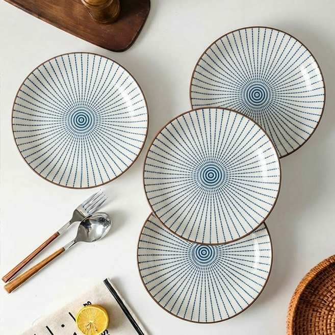 WHH 북유럽 원형 접시 예쁜 도자기그릇 홈 식기 파스타볼 세트, 라인, 4개