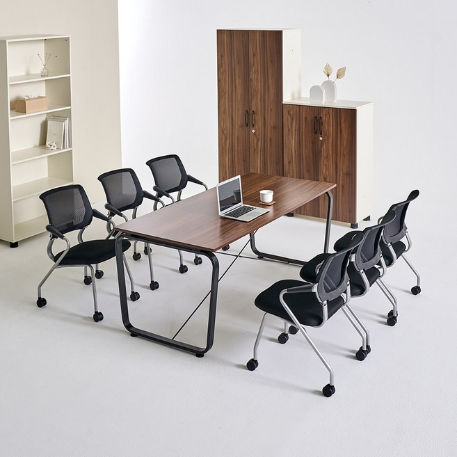 사무실 회의용 테이블 의자세트 데임 회의용B 1500 1800 2000, 타공PB/라이트월넛, 화이트프레임/의자블랙-4P