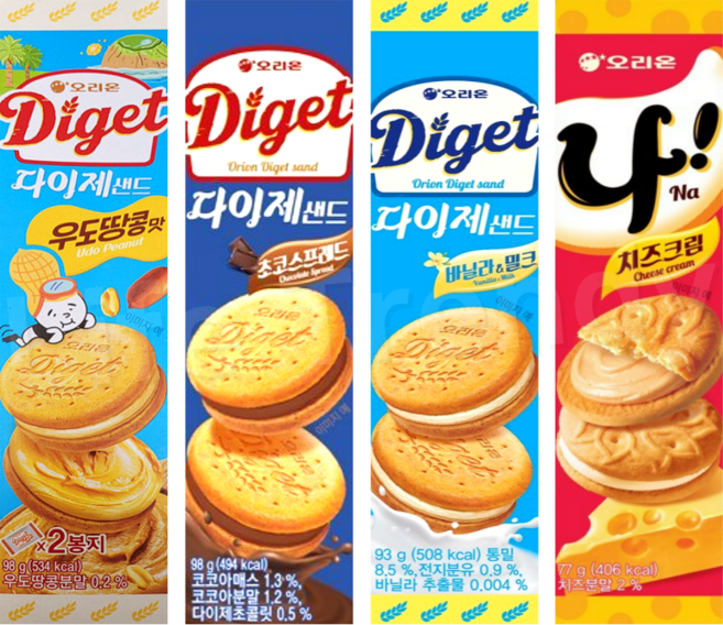 오리온 다이제샌드 우도땅콩 98g + 초코스프레드 98g + 바닐라밀크 93g + 나 치즈크림 77g 4종세트