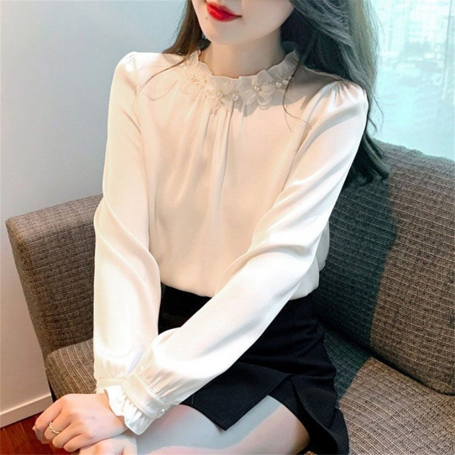 Vezri 여성 봄 가을 우아한 진주 장식 블라우스 긴팔 실크 셔츠 W66