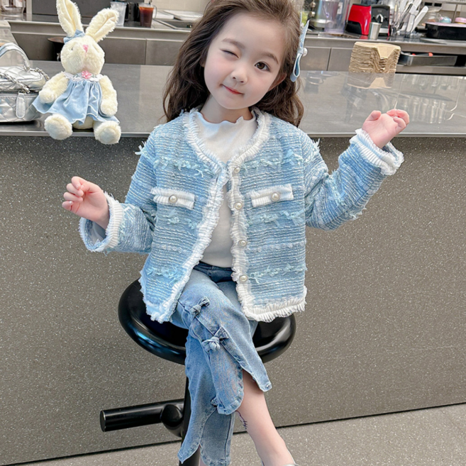 여아 러블리 블루 트위드 자켓 봄가을 코트 나들이룩 데일리룩 새학기룩