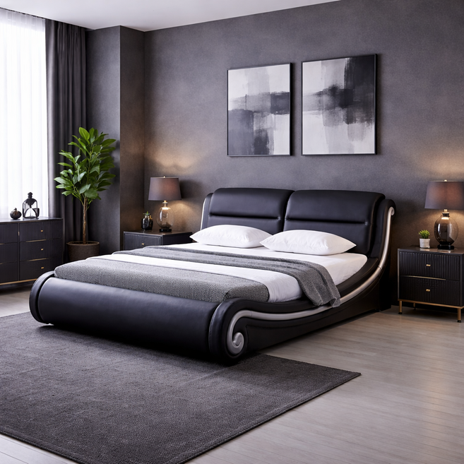 하포스 PU 비건가죽 호텔형 침대 프레임 + 매트리스 세트 지정일설치, PU187(블랙) 파워본넬 쟈가드