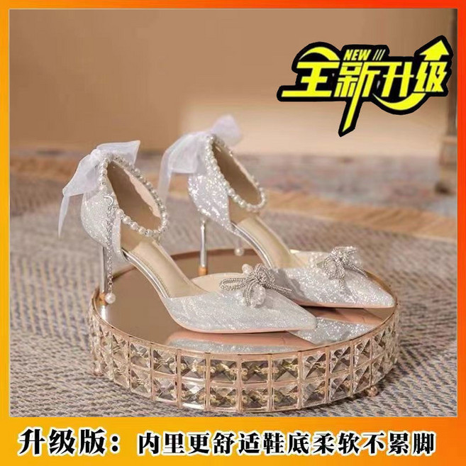 法式氣質尖頭蝴蝶結珍珠一字帶高跟鞋細跟成人禮中空Lolita女鞋, 銀色升級版,35