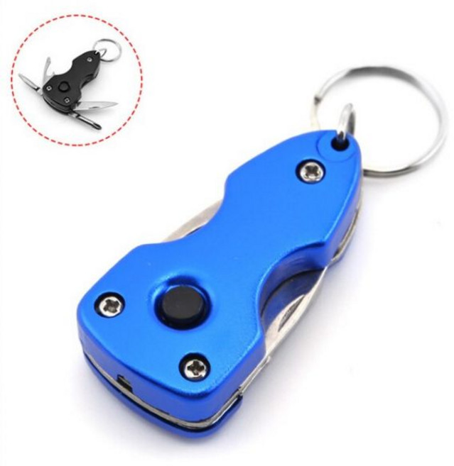 6-in-1 Foldable 칼 다기능 미니 포켓 키 체인 야외 Multitool 병따개 스크루 드라이버 블레이드 LED 생존 도구, 파란색, 1개